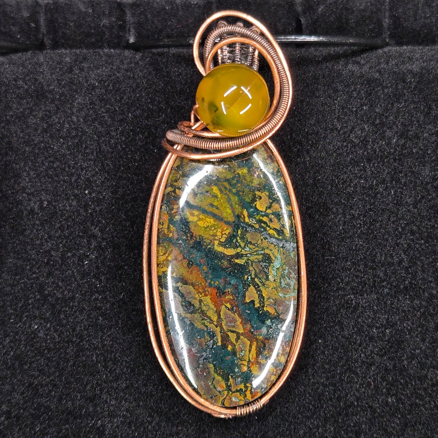 Prehnite Pendant with Copper Wire Wrap and Yellow Bead Accent