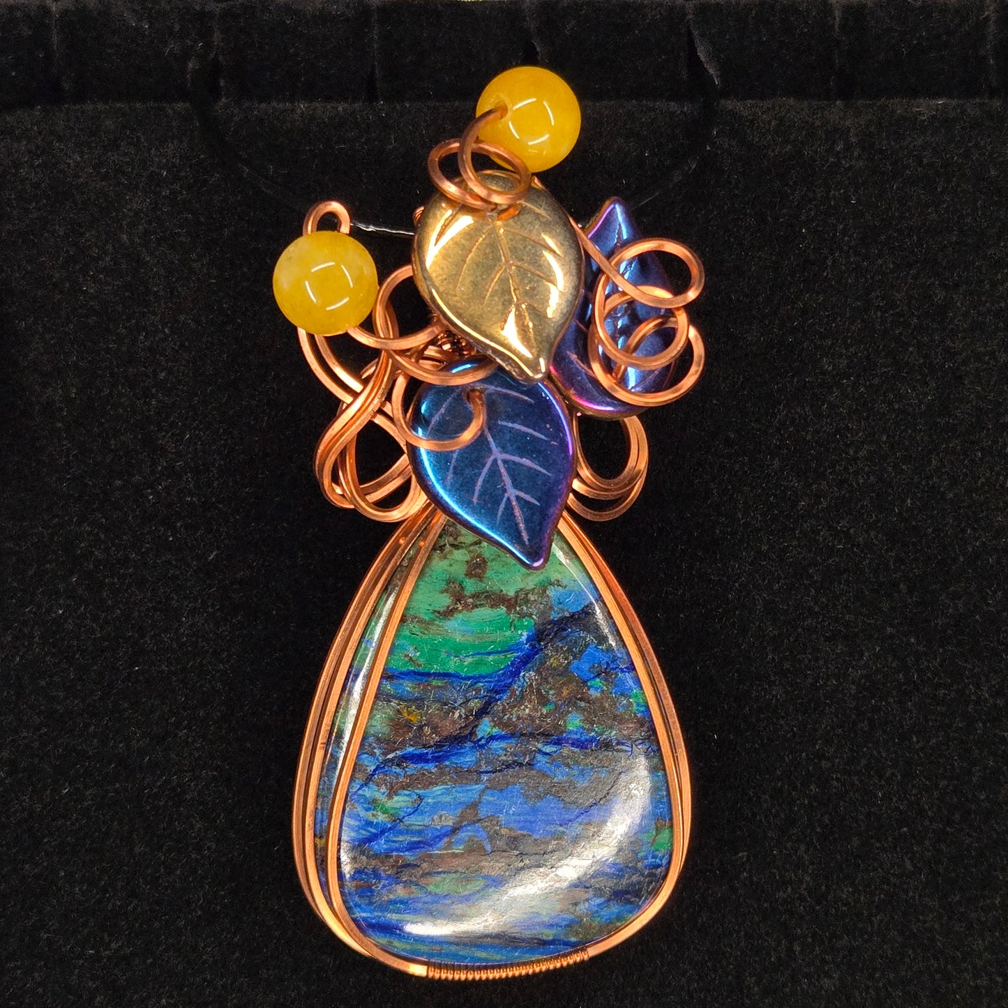 Azurite Malachite Pendant with Copper Wire and Colorful Leaf Accents
