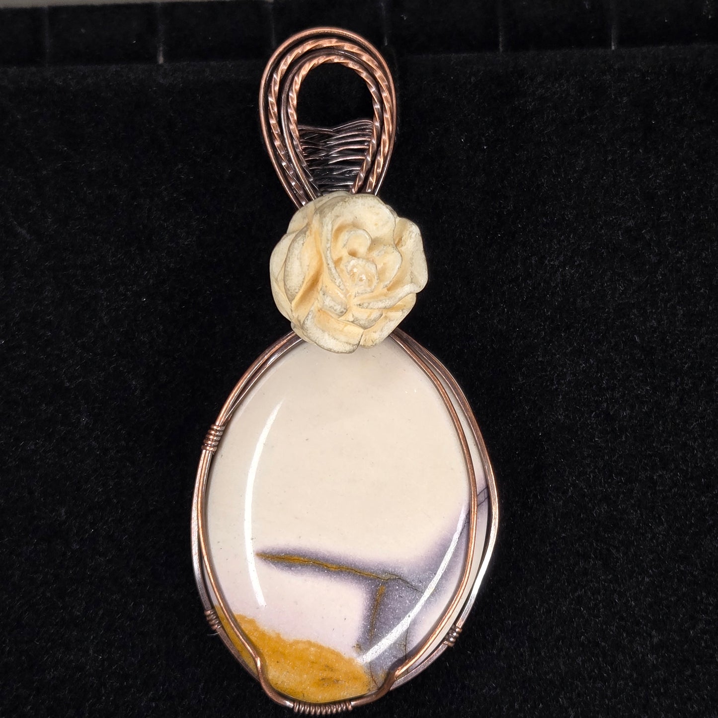 Mookaite Jasper Pendant with Copper Wire and Cream Rose Accent