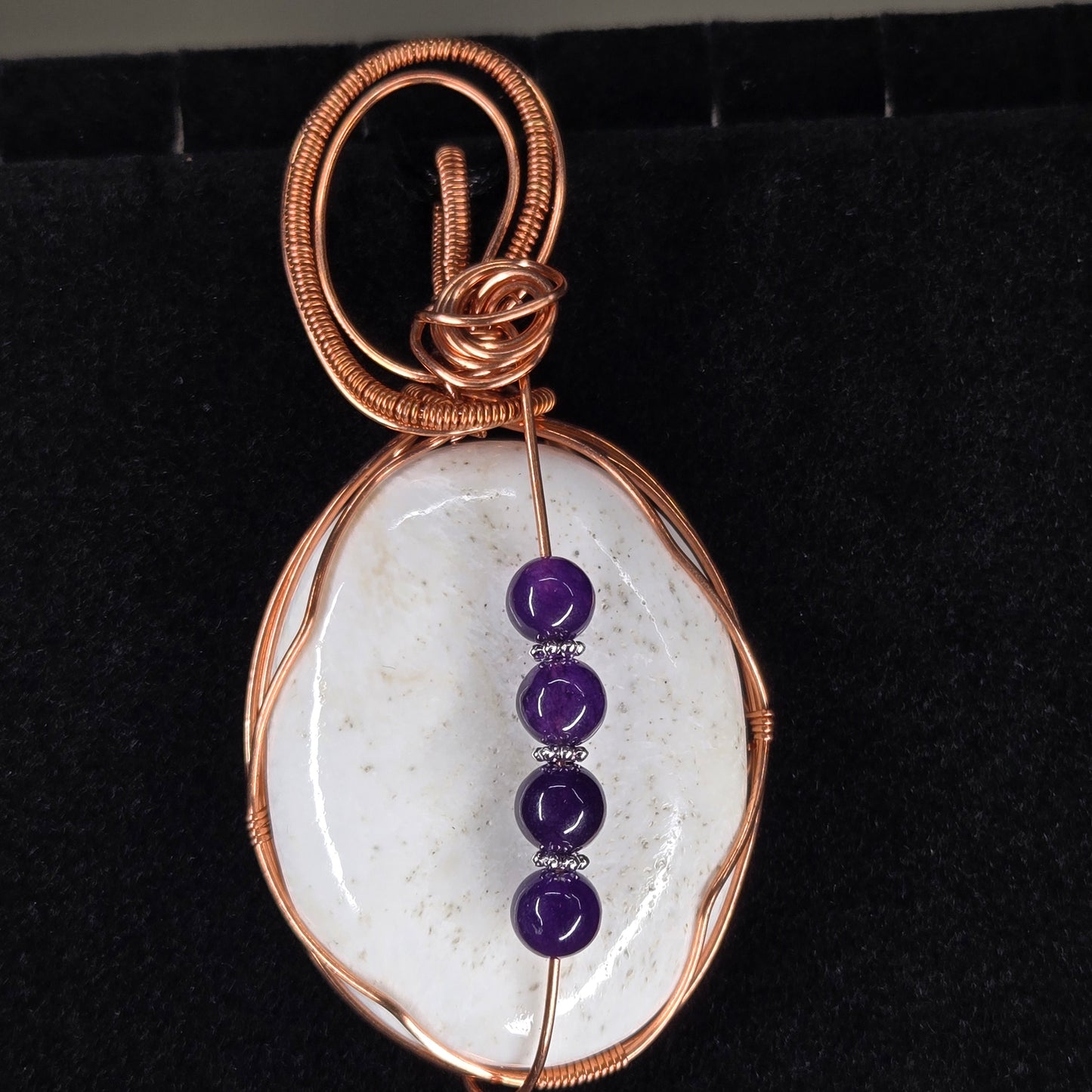 White Jasper Pendant with Amethyst Beads and Copper Wire Wrap