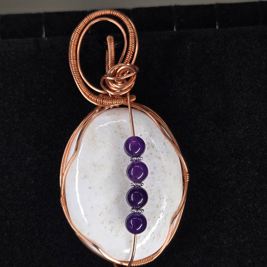 White Jasper Pendant with Amethyst Beads and Copper Wire Wrap