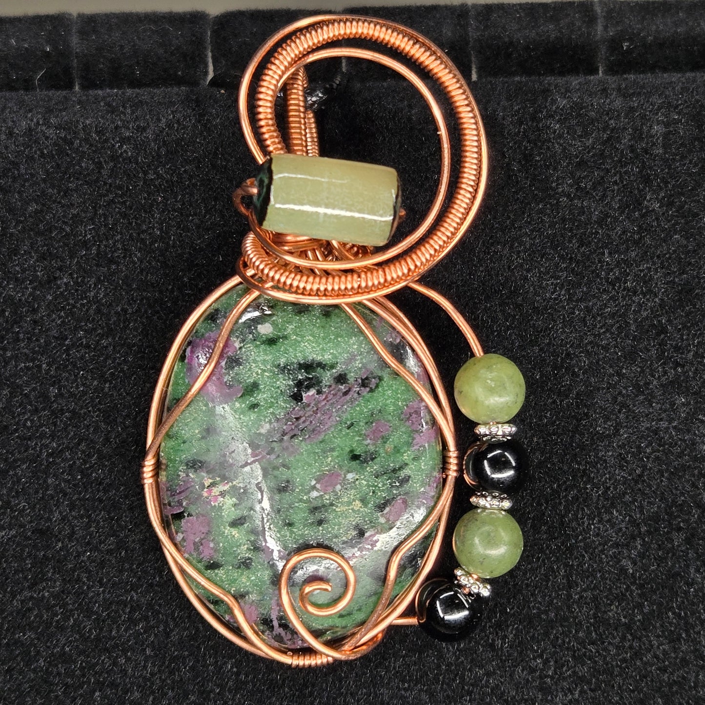 Ruby Zoisite Pendant with Copper Wire and Jade Bead Accents