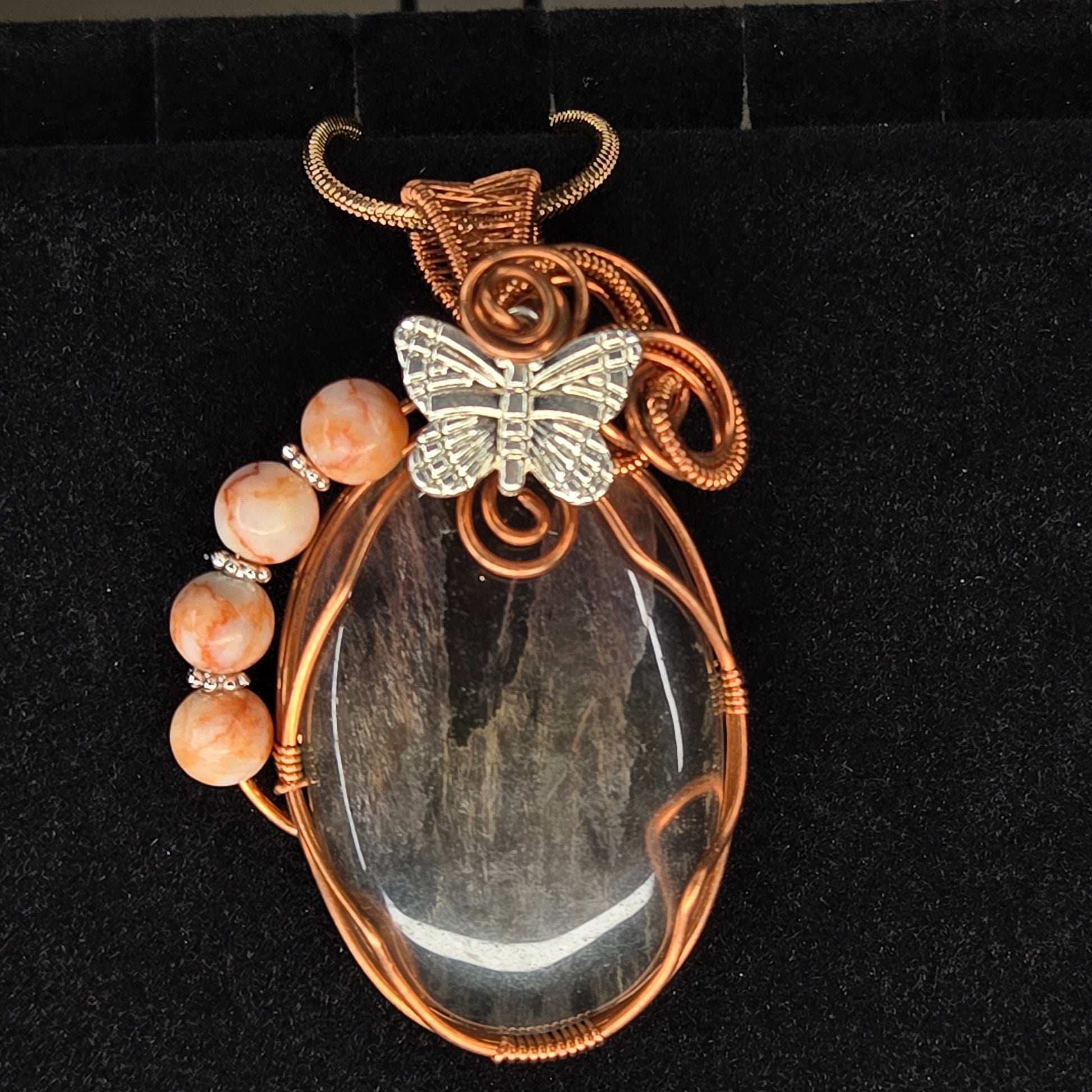 Jasper Pendant with Copper Wire and Silver Butterfly Accent
