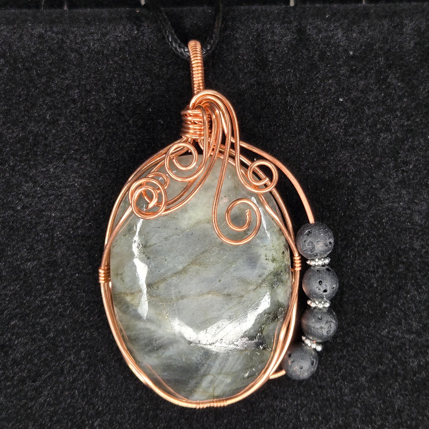 "Betty" Labradorite Pendant with Copper Wire and Lava Stone Beads