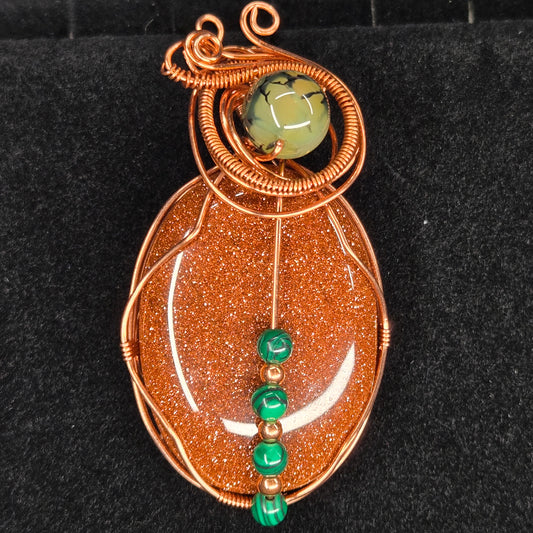 Goldstone Pendant with Copper Wire and Malachite Bead Accents