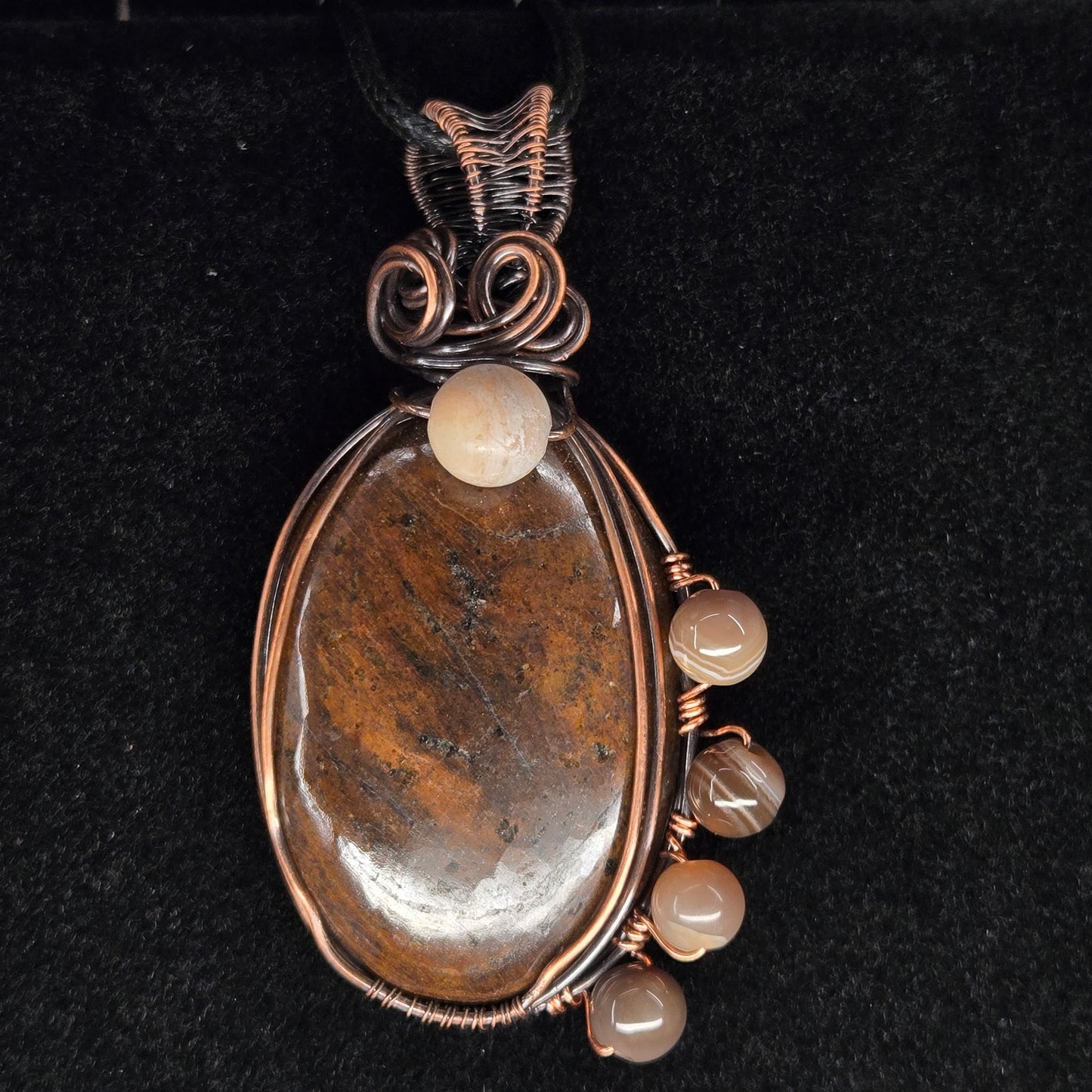 Brown Jasper Pendant with Copper Wire and Agate Beads