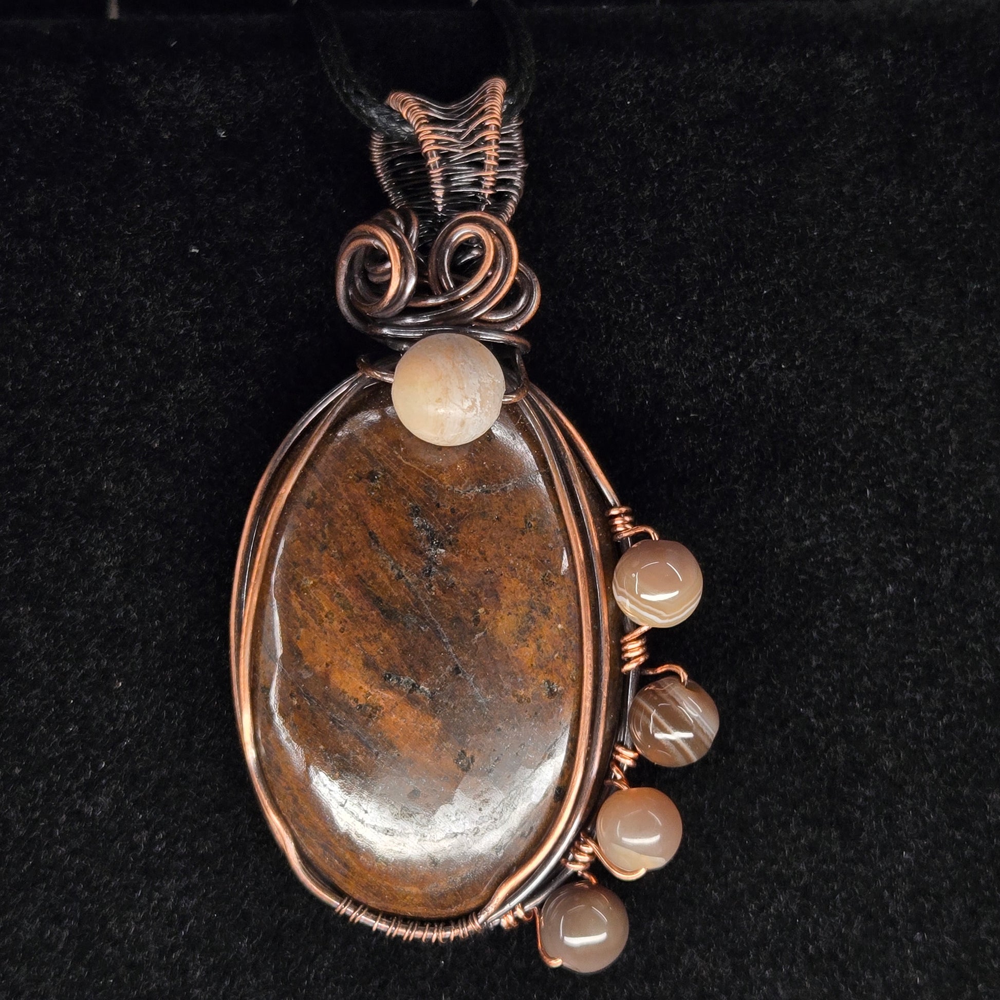 Brown Jasper Pendant with Copper Wire and Agate Beads