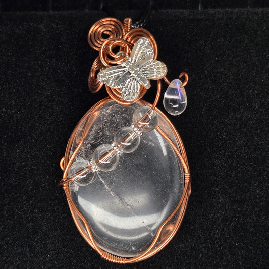 Clear Quartz Pendant with Copper Wire and Silver Butterfly Accent