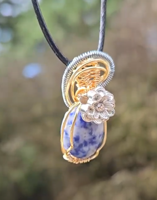 "Possible" – Sodalite and Rose Pendant in Gold and Silver Wire Wrap